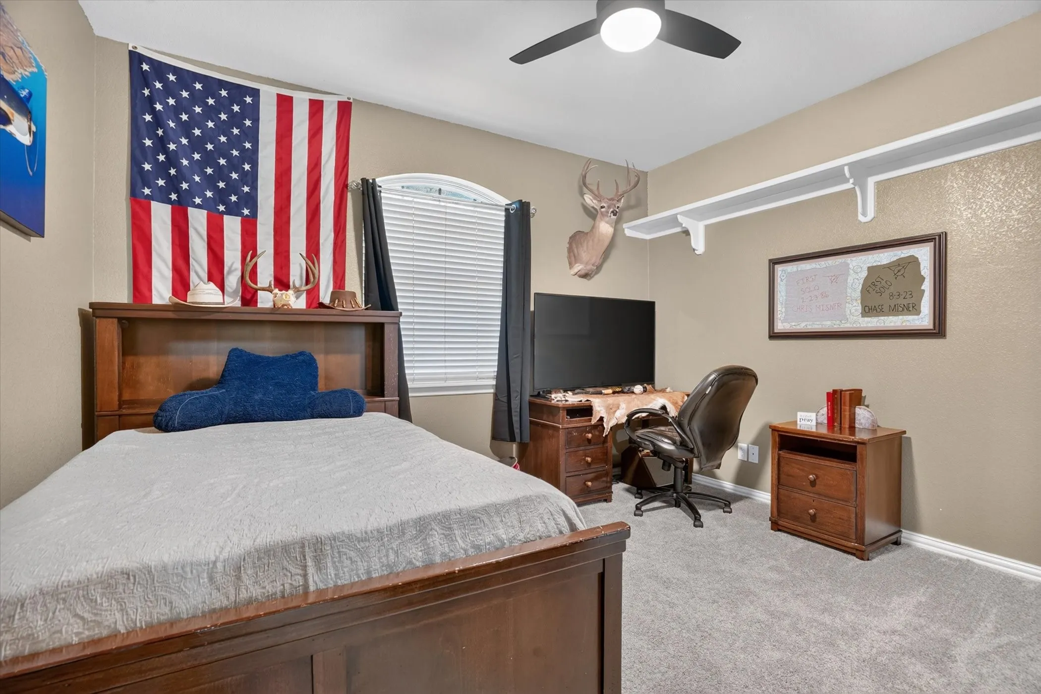 Arched window with blinds, ceiling fan, carpeting, and wall-mounted shelving