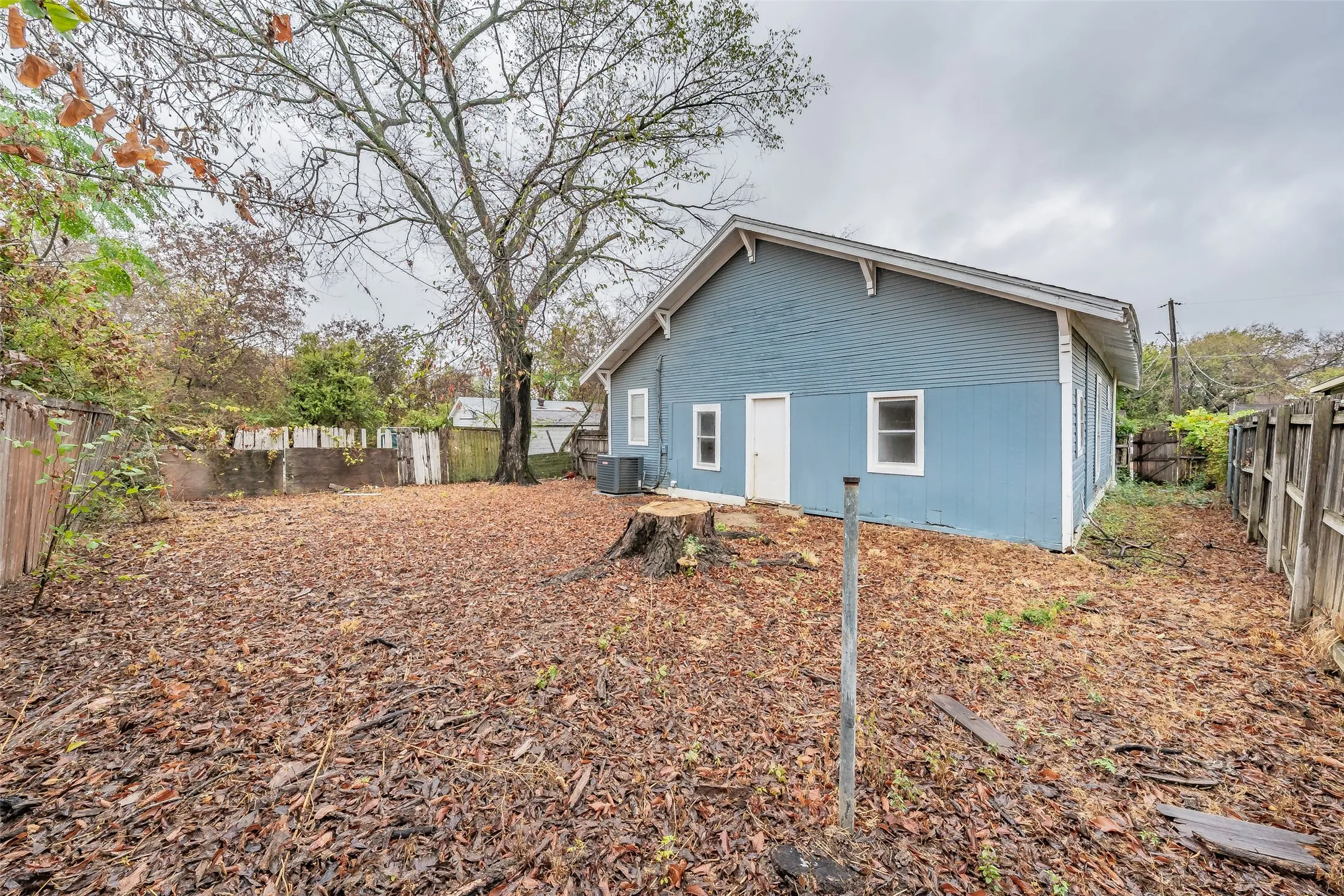 Expansive outdoor space featuring a mature tree, privacy fencing, and exterior house access