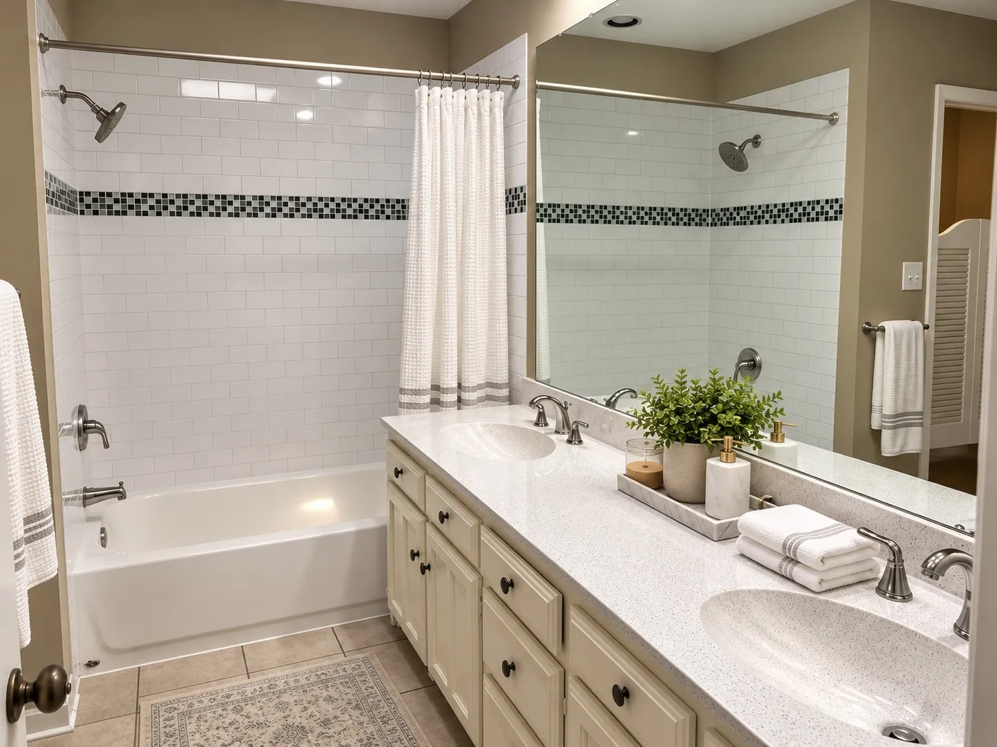 Dual vanity with light-toned countertop, built-in sinks, and brushed nickel fixtures.  *Photo is AI generated*