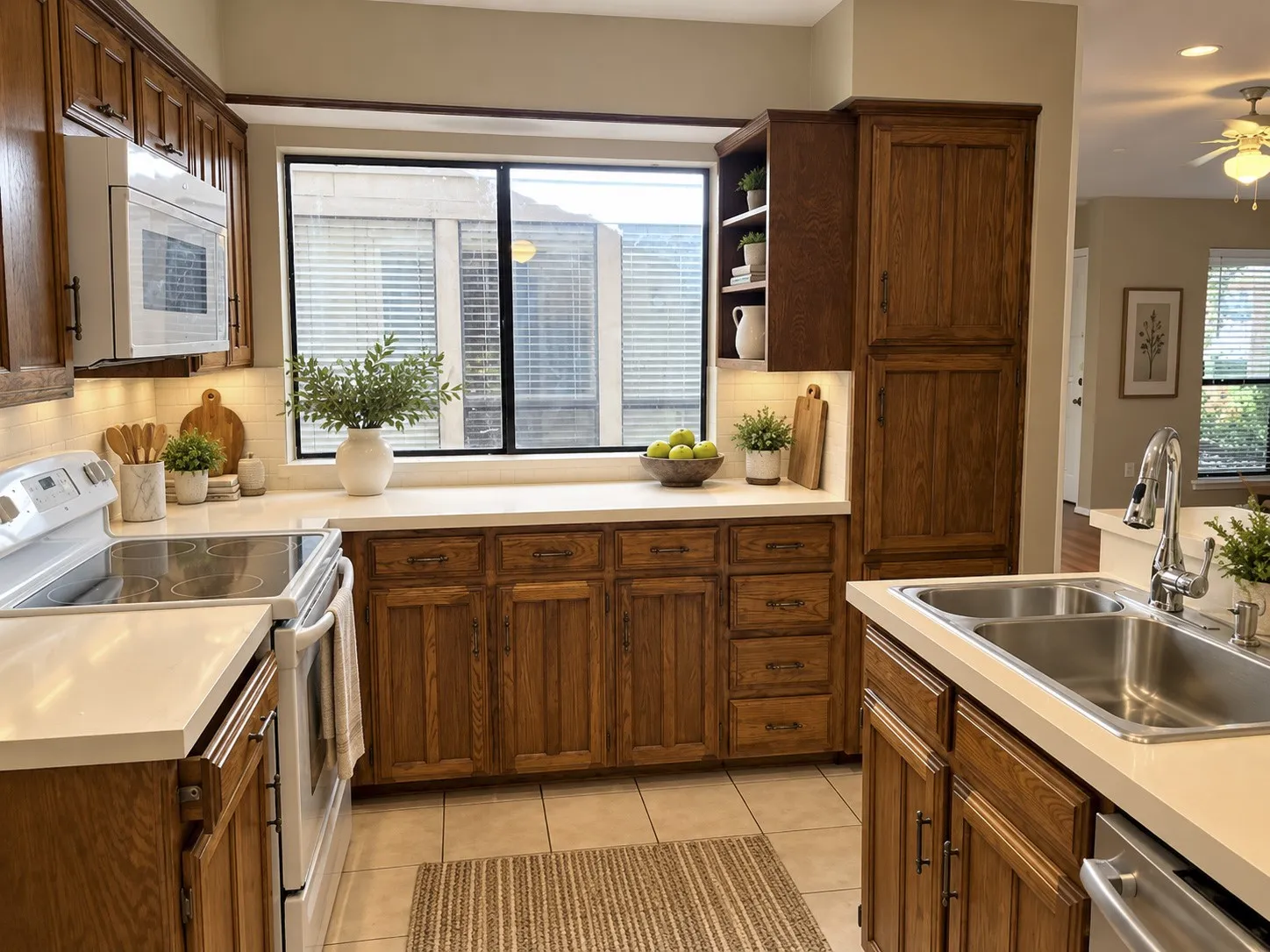 Kitchen with warm wood cabinetry, light-toned countertops, a stainless steel double-basin sink, and a built-in NEW microwave.  *Photo is AI generated*