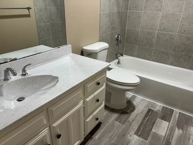 Hall bath-white vanity with integrated sink, chrome faucets