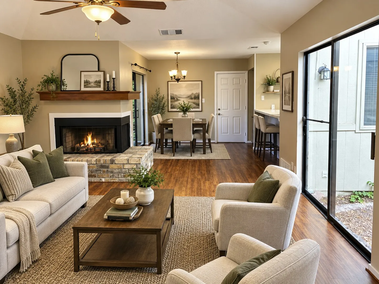 Living area with a two-sided fireplace.  *Photo is AI generated* featuring a brick hearth and wood mantel and views of the outside garden area