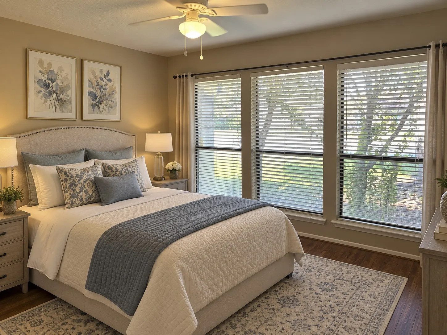 Secondary bedroom with 3 large windows with blinds, wood-finish flooring, and freshly painted light-colored walls.*Photo is AI generated*