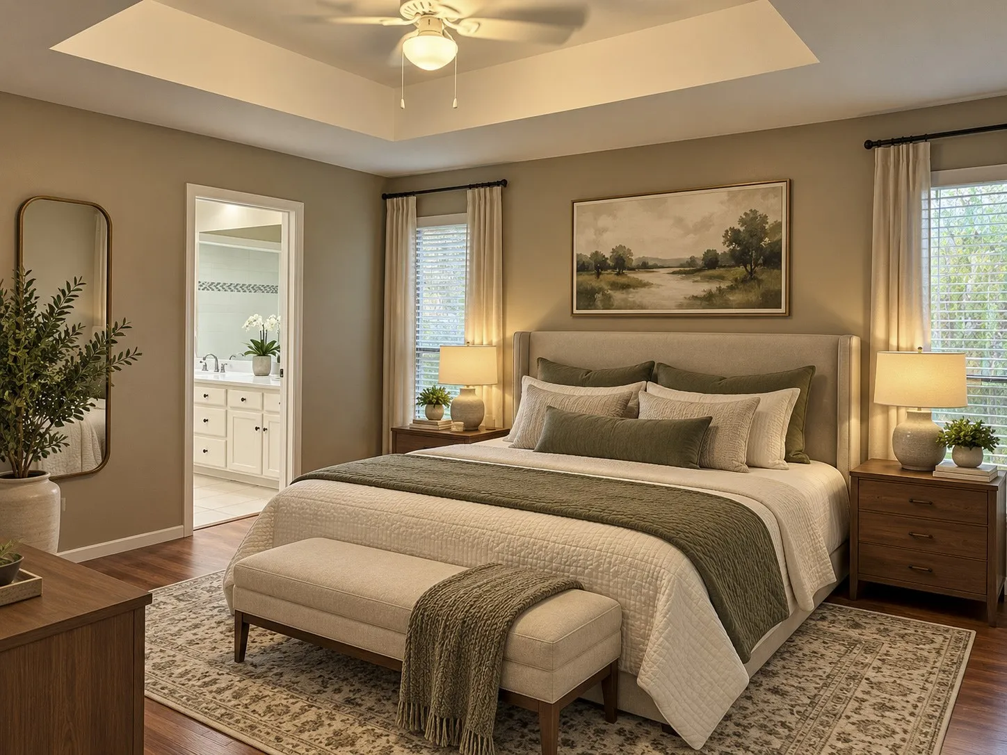 Tray ceiling with a ceiling fan, wood-finish flooring, two windows with blinds and drapery, and a white vanity with dual sinks in the adjoining space. **Photo is AI generated*