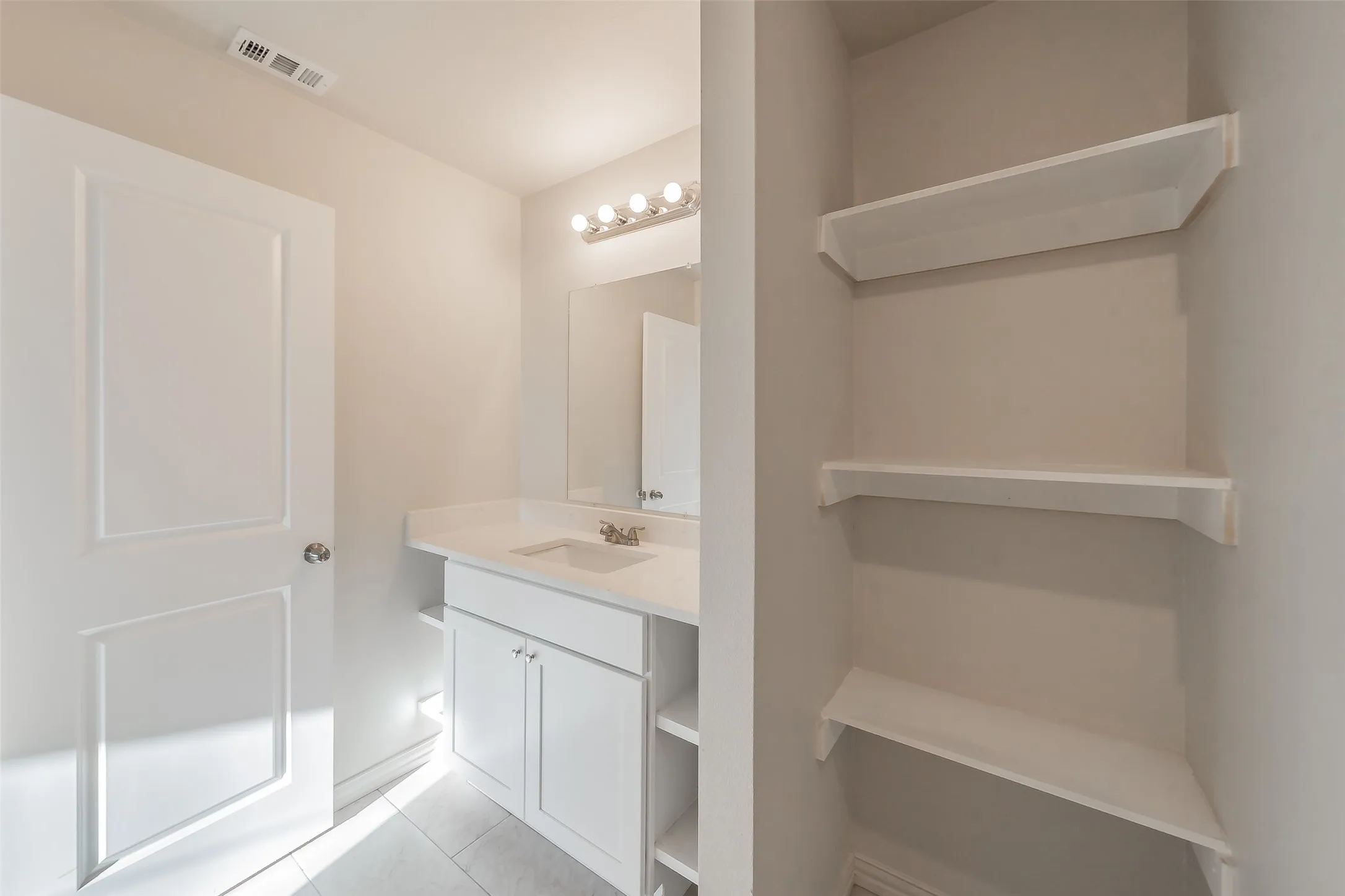 Stylish storage through the bathroom