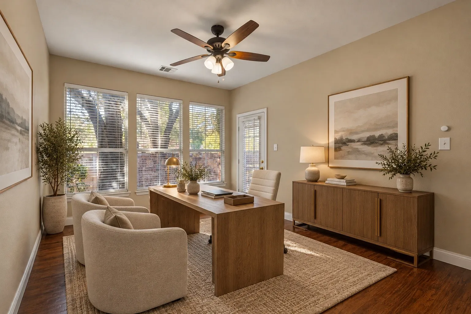 Virtually staged office with a clean, modern design that creates a bright and functional space for working from home.