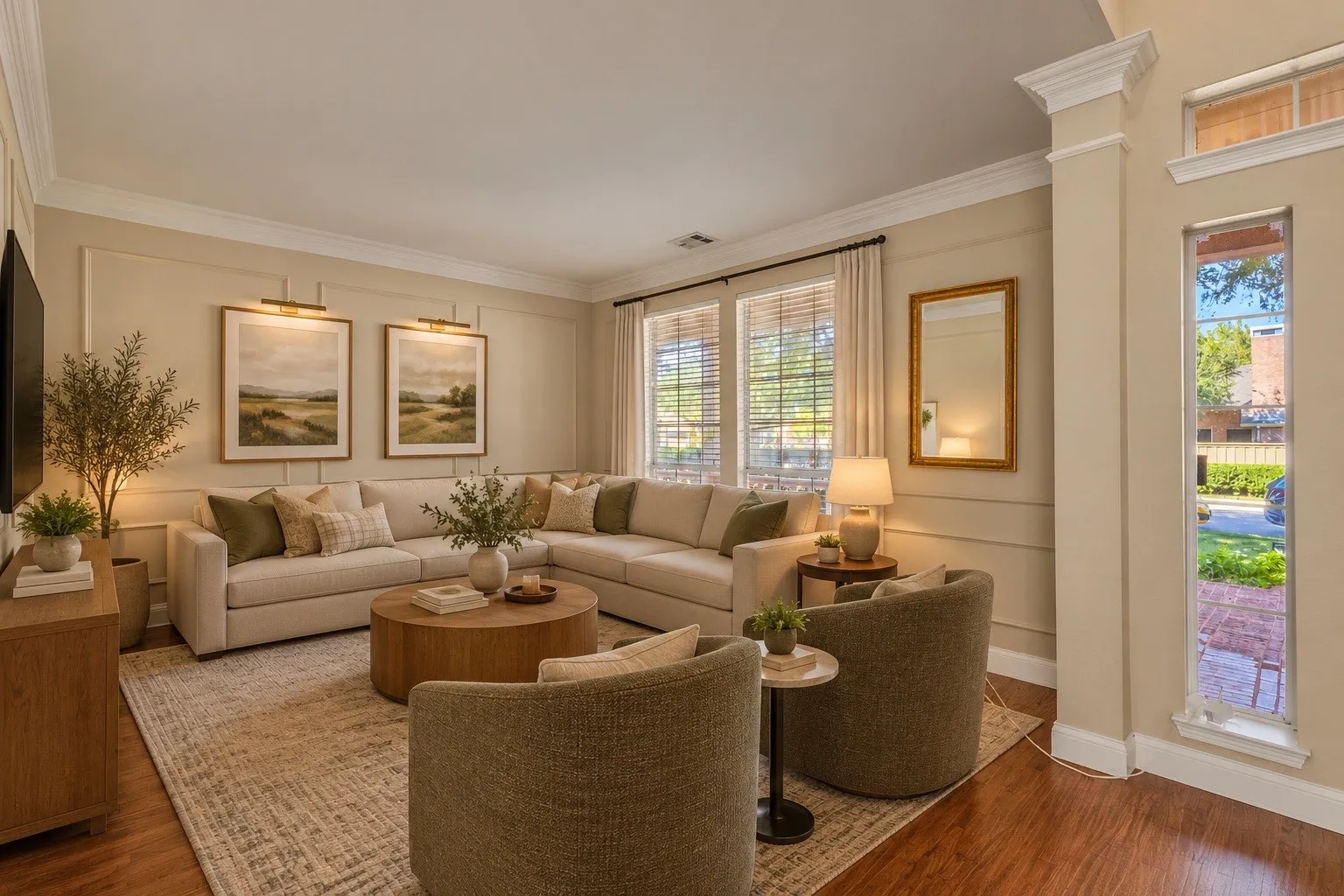Virtually staged family room with a warm, inviting design that highlights the space’s comfort and versatility for relaxing or gathering with loved ones.