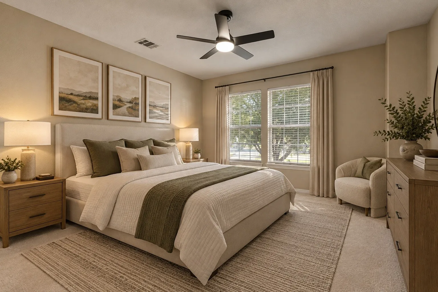 Virtually staged secondary bedroom with a clean, neutral design that highlights the room’s comfort and versatility.