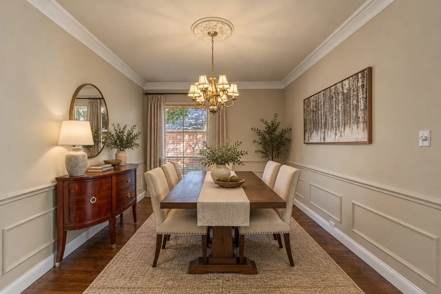 Virtually staged dining room with a clean, elegant design that highlights the space’s inviting atmosphere and natural flow.
