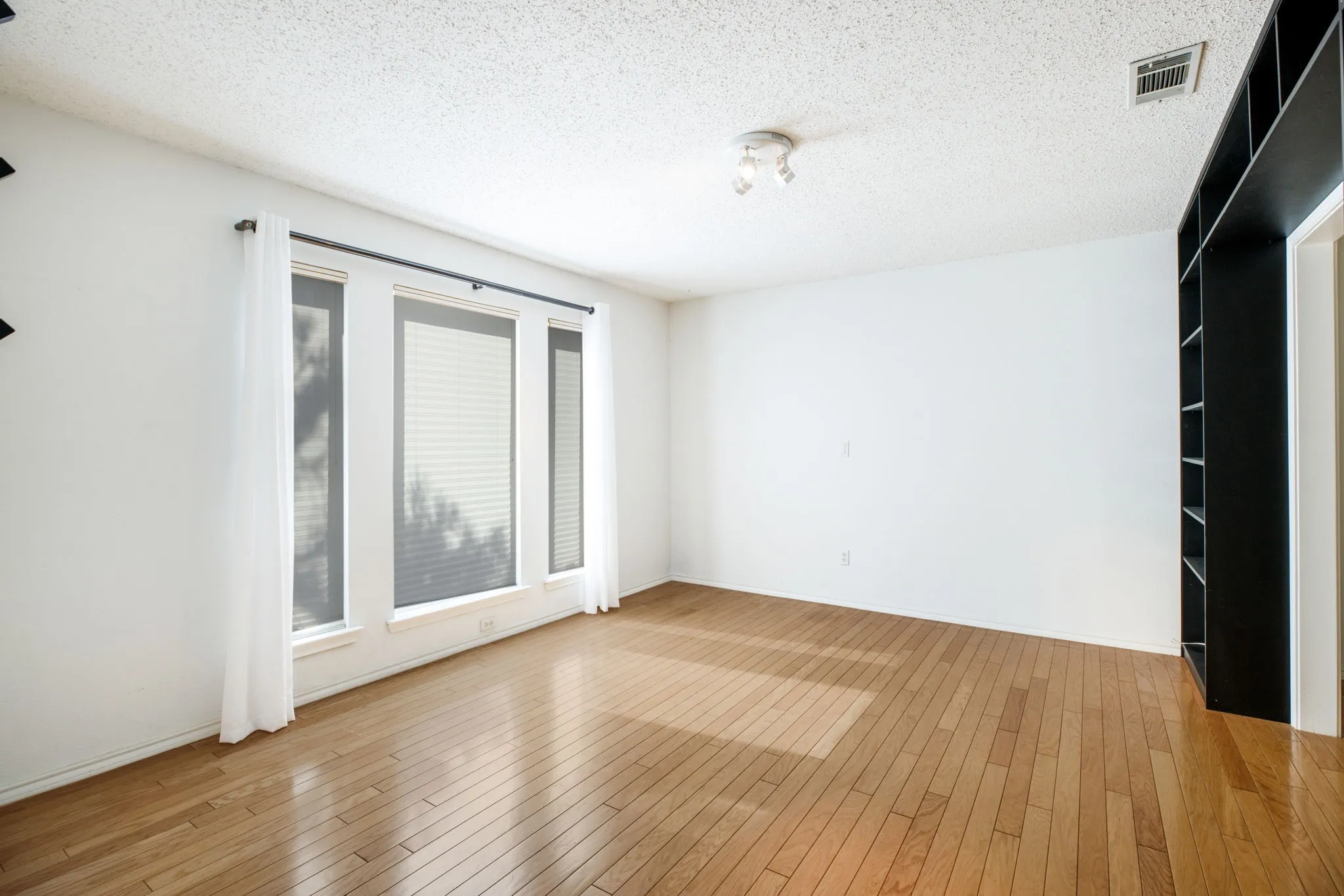 Wood-finish flooring, recessed lighting, and built-in shelving