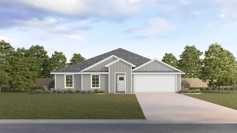 Single-story residence featuring light gray siding, a dark gray shingle roof, a two-car garage, a concrete driveway, and a manicured lawn with landscaping