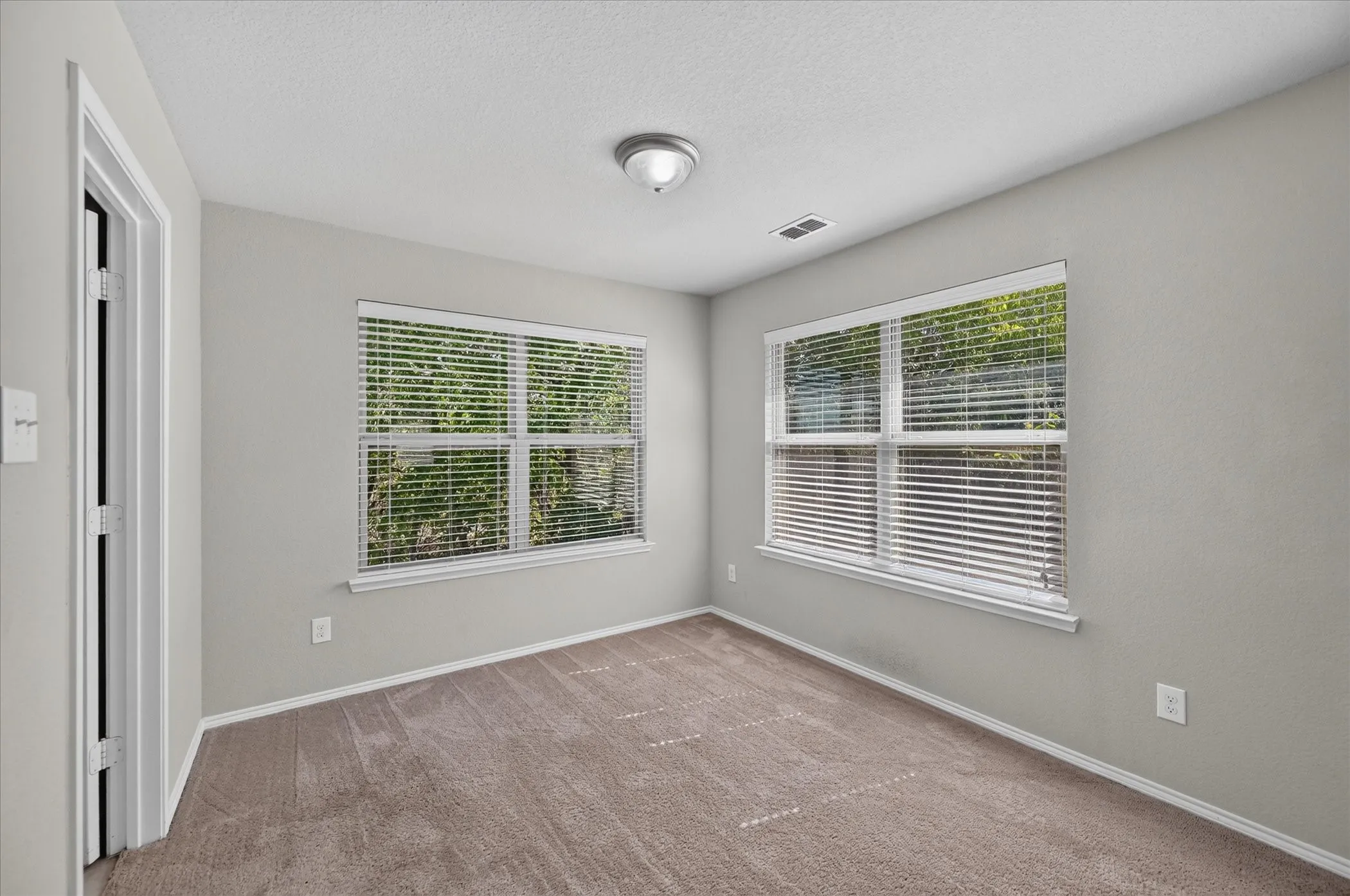 Neutral wall color, two windows with blinds, flush mount ceiling light, and carpeted flooring