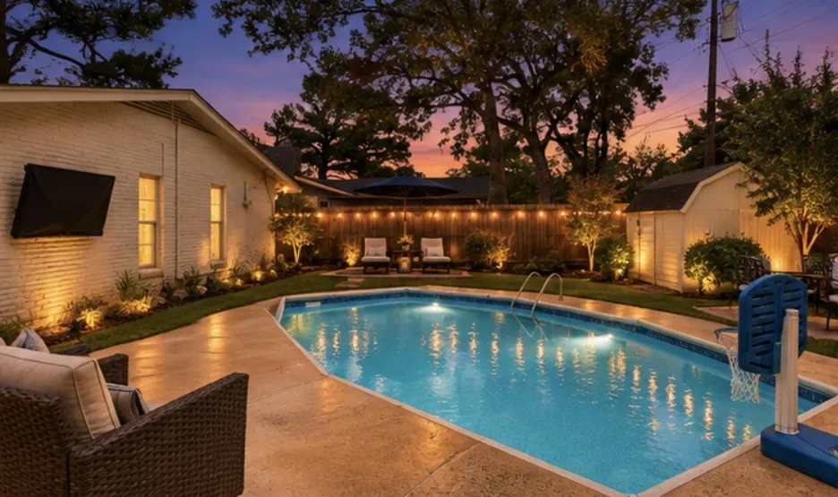 In-ground swimming pool with integrated lighting, surrounded by a paved patio