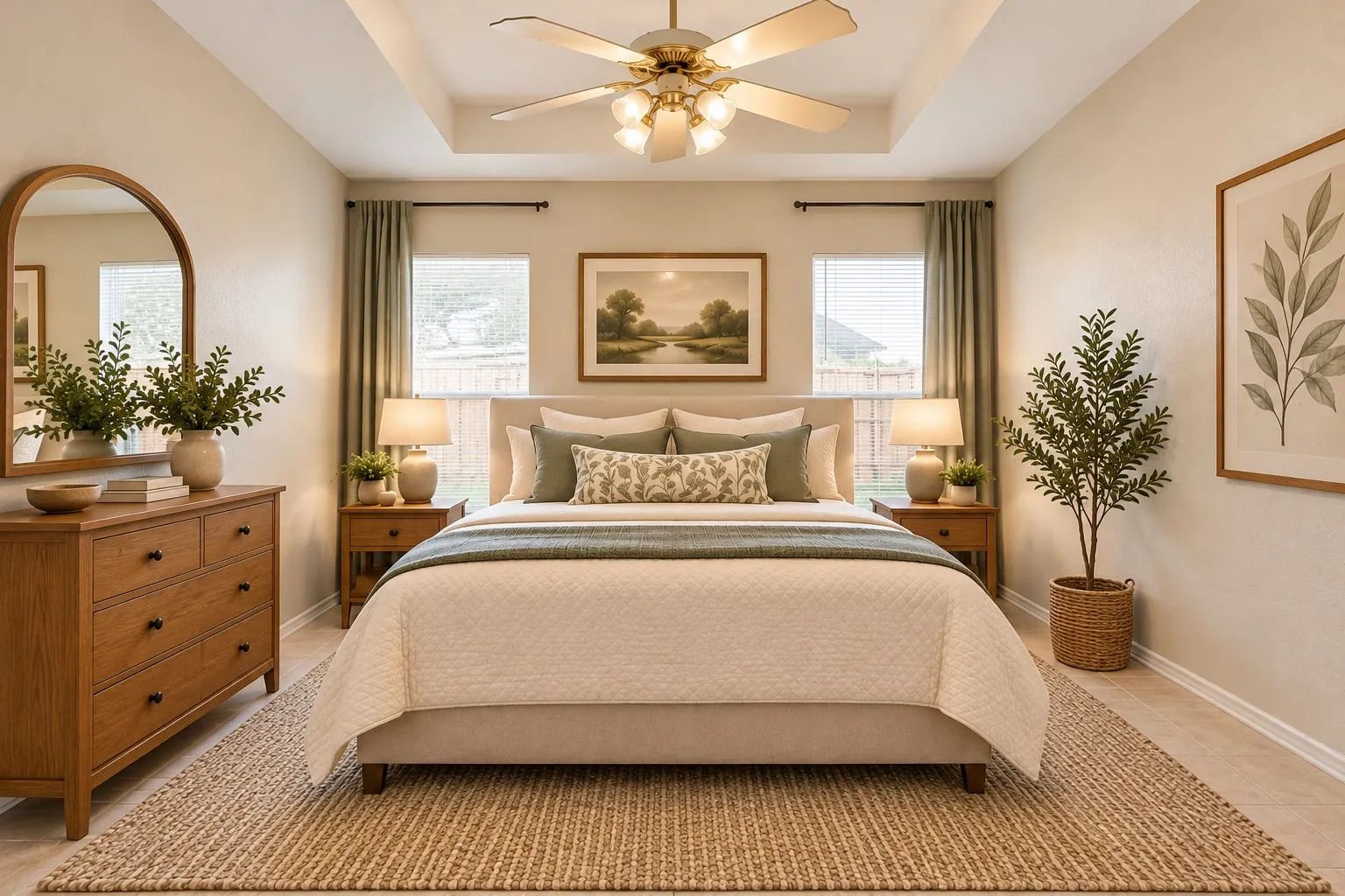 Primary bedroom with dual windows, lighted ceiling fan, raised ceiling.  Very spacious with a walk-in closet and en suite bath.