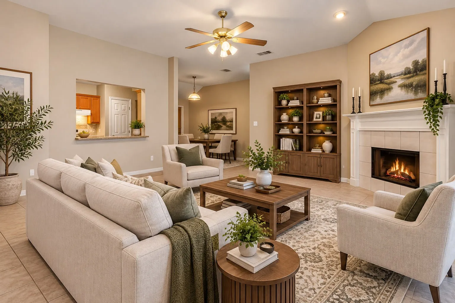 Living area is quite spacious and has a beautiful tile-surround fireplace and a vaulted ceiling.  Lighted ceiling fan with additional spotlight for artwork over fireplace.  You'll love the easy-care flooring and neutral colors!