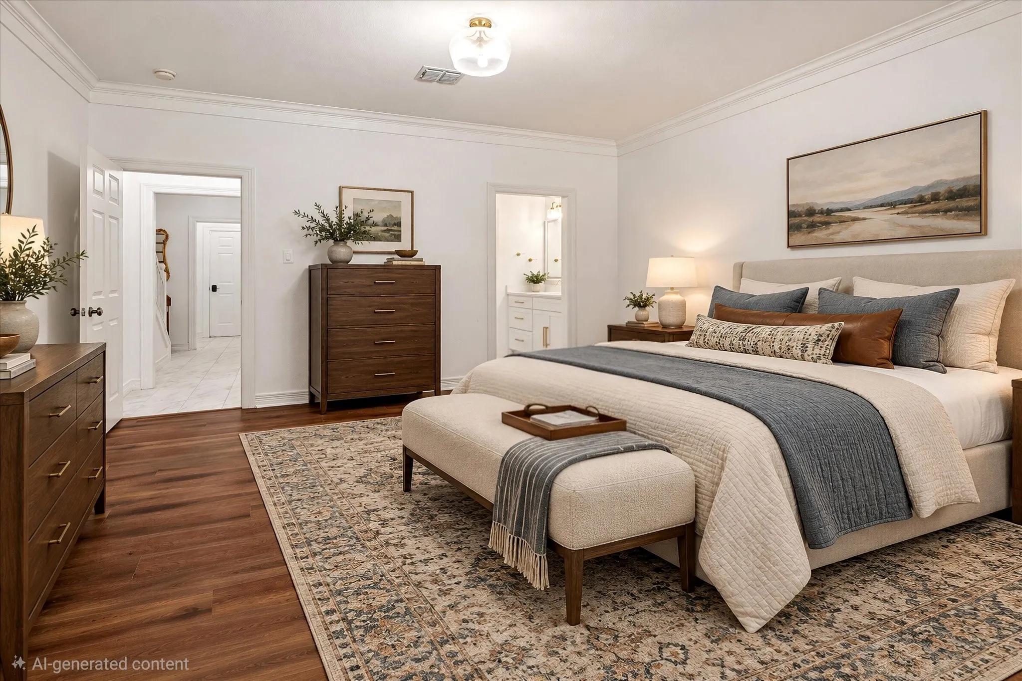 Spacious primary bedroom with hardwood flooring, recessed ceiling lighting, and dual wood-finish dressers