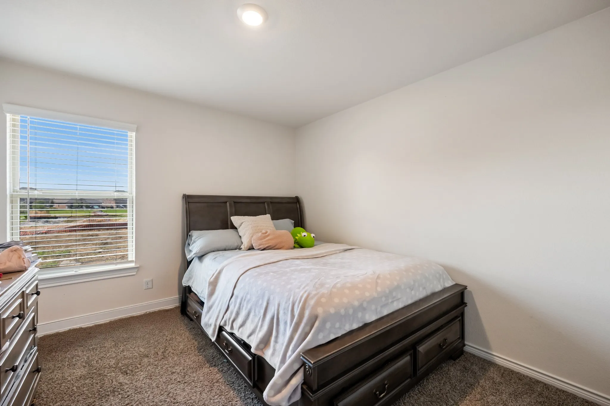 Recessed ceiling lighting, a single window with blinds, and brown carpet flooring