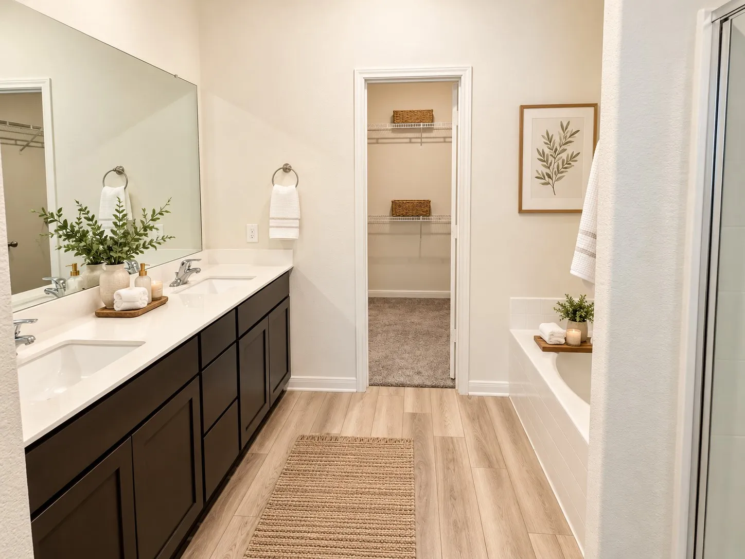 Dual vanity with undermount sinks and dark wood-finish cabinetry, a large wall-mounted mirror, wood-finish flooring, a built-in bathtub, and an adjacent walk-in closet with wire shelving