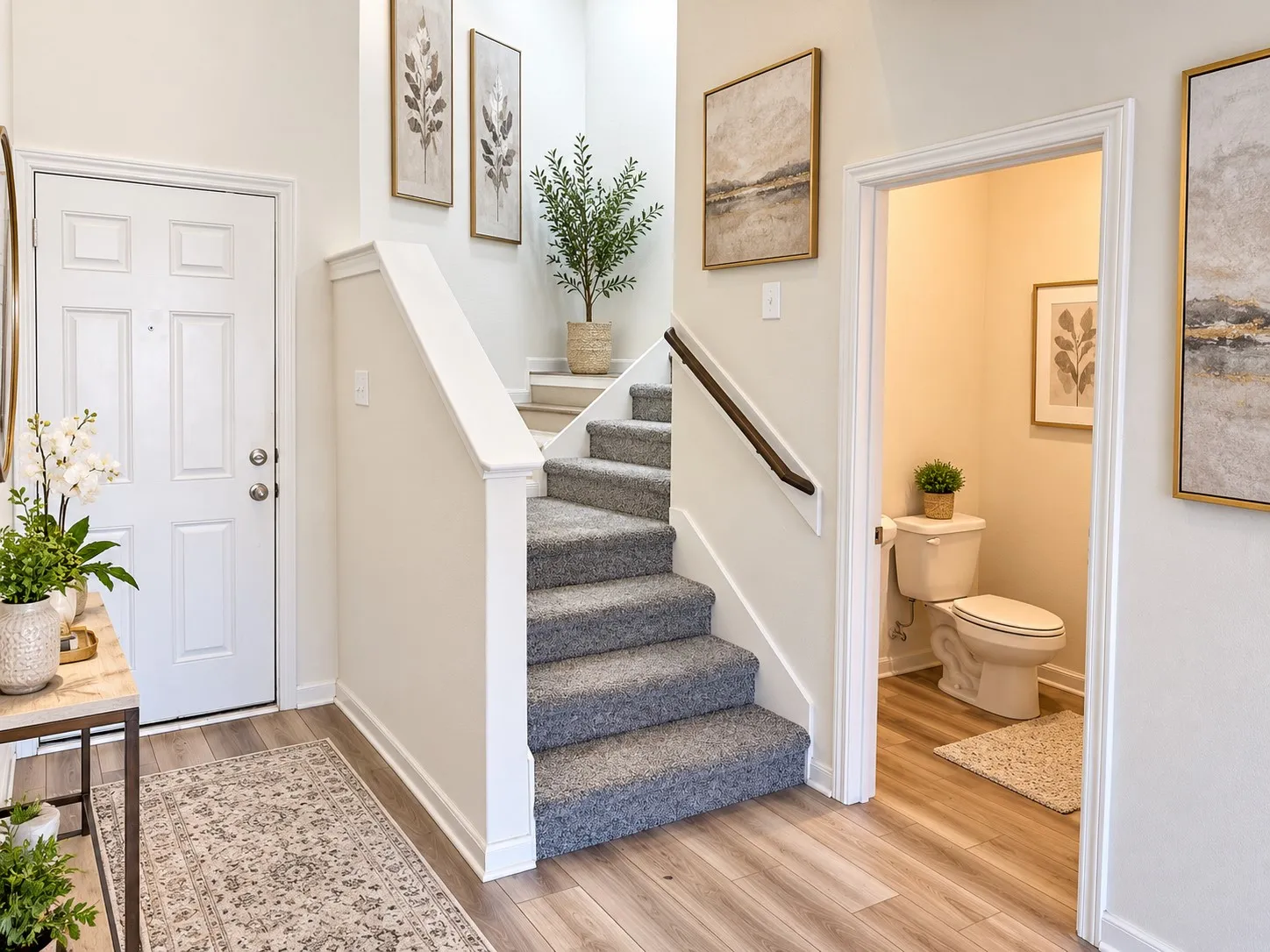 Wood-finish flooring at entry, white paneled door, carpeted staircase with wood handrail, and a half-bath with a standard toilet
