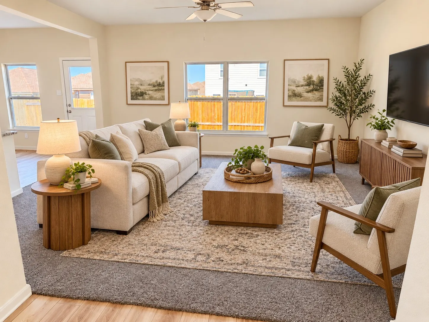 Living area featuring neutral wall tones, carpet flooring, a ceiling fan, and multiple windows with outdoor visibility