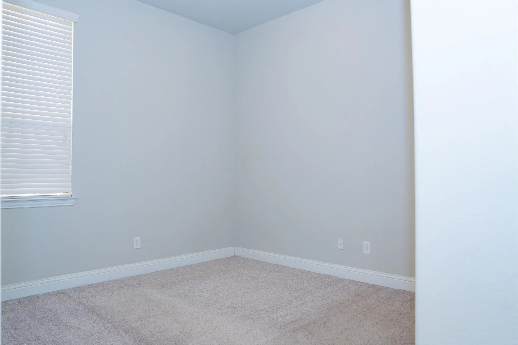 Neutral wall paint, window with horizontal blinds, light-toned carpet, and white baseboards