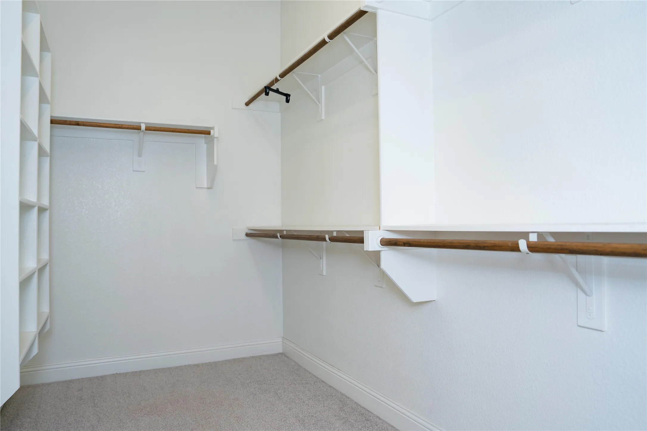 Built-in shelving, wood-finish hanging rods, and carpet flooring in a neutral tone