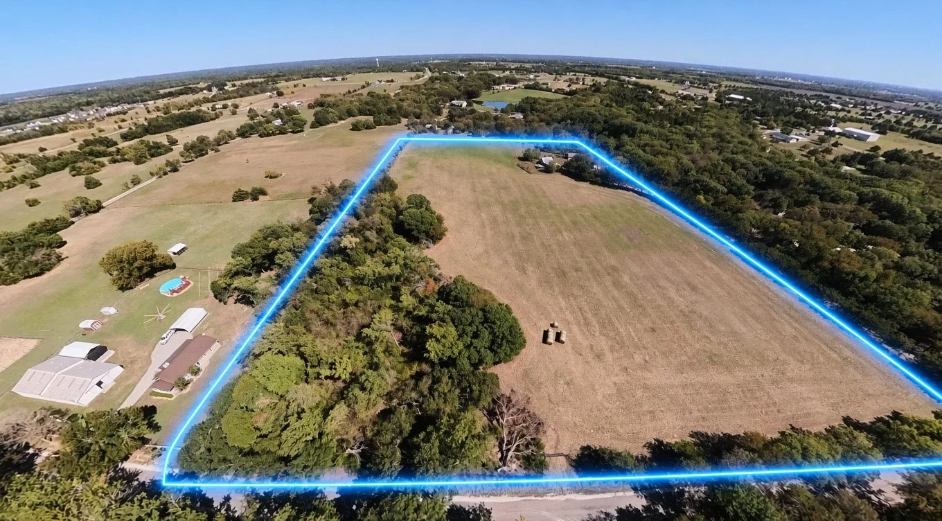 Expansive land featuring a combination of open fields and mature tree lines, property lines are approximate .