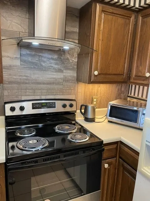 New Black electric range with a stainless steel vent hood, complemented by wood cabinetry