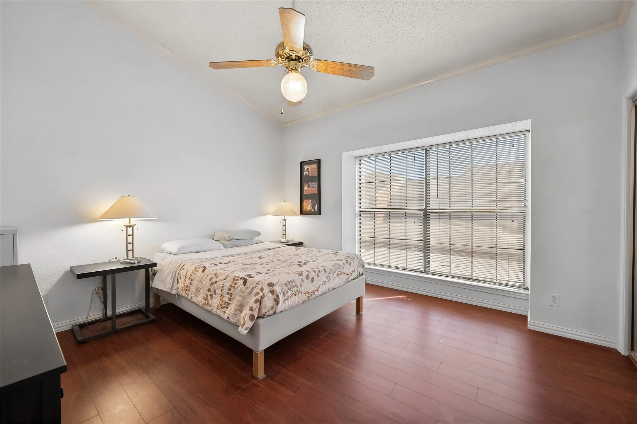 Large bedroom with vaulted ceiling, ceiling fan, large window, wood-finish flooring, and large wall closet