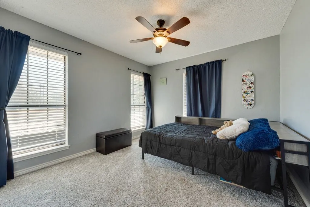 Neutral wall color, ceiling fan with light fixture, two windows with blinds, and light-toned carpeting