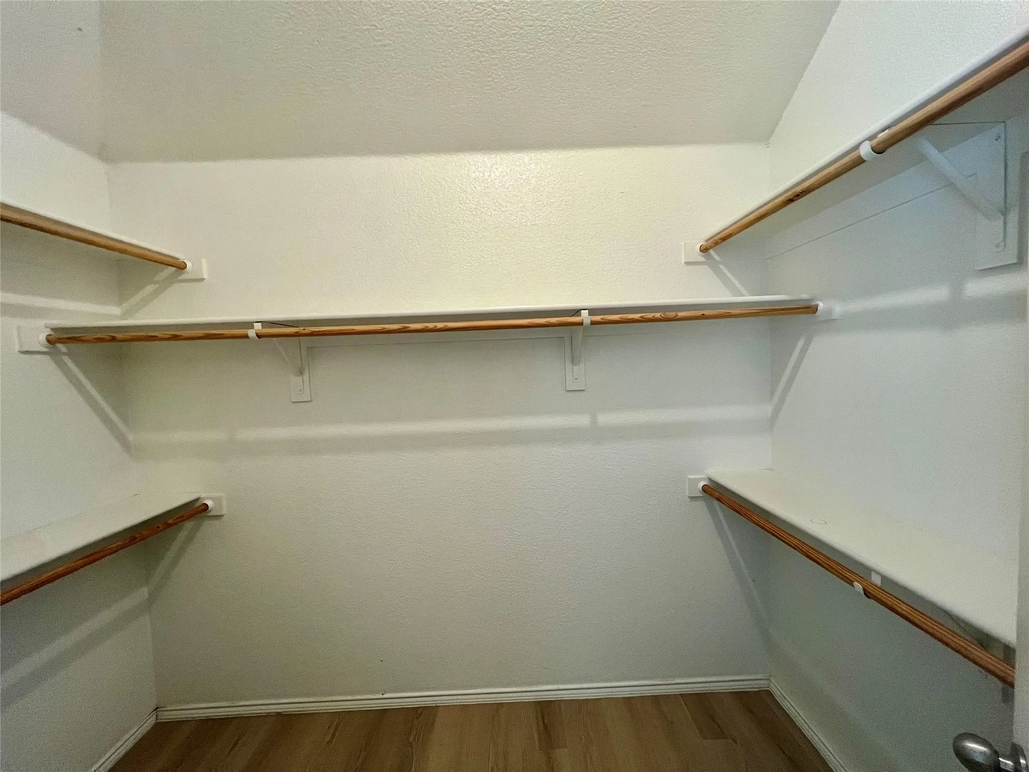 Walk-in closet with multiple shelves, wood-finish flooring, and white walls