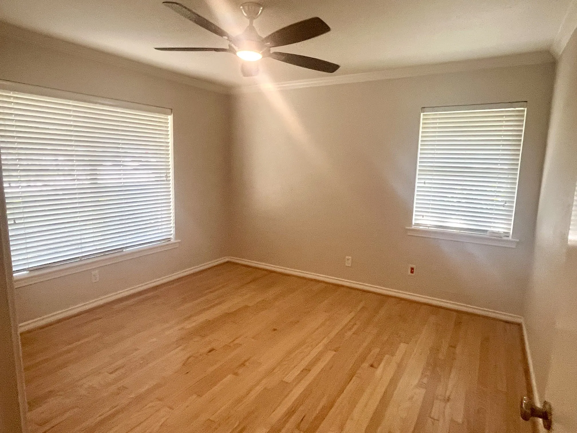 Hardwood flooring, two windows with blinds, ceiling fan with integrated lighting, and crown molding