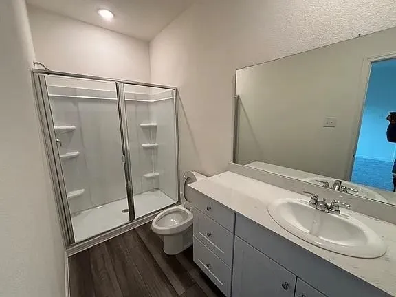 Bathroom featuring a glass-enclosed shower, single vanity with a white countertop, and wood-finish flooring