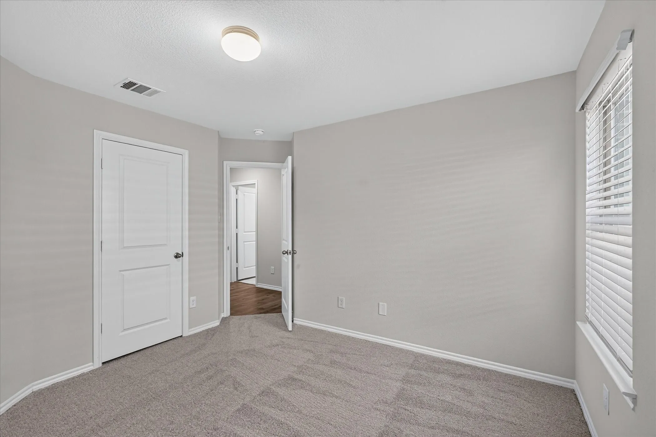 Neutral wall paint, carpet flooring, white paneled doors, window with blinds, and flush mount lighting