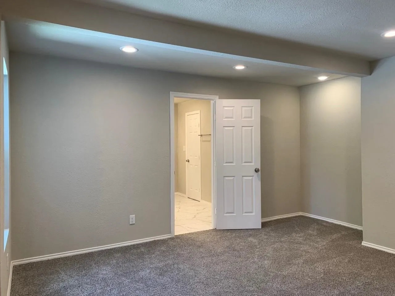 Recessed ceiling lighting with a neutral wall color, gray carpeting, white trim, and a paneled interior door