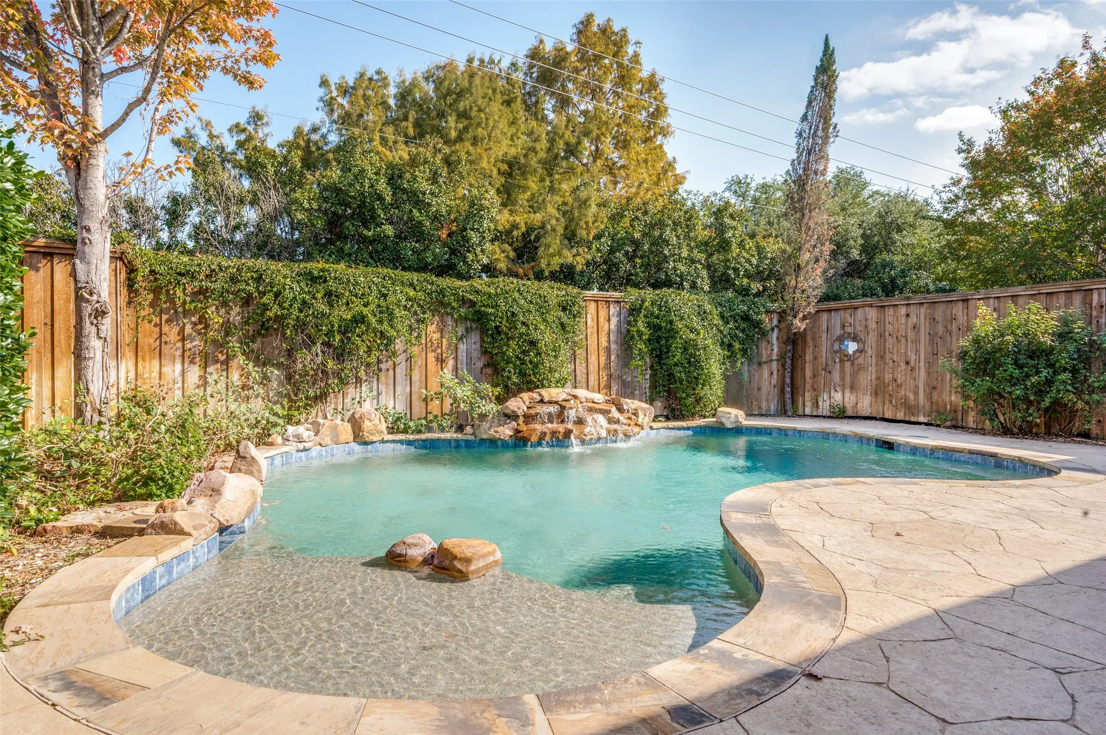 Custom-shaped swimming pool with a rock waterfall feature, integrated sun shelf, and natural stone coping—the fence has been recently stained, which isn't reflected in either backyard picture.
