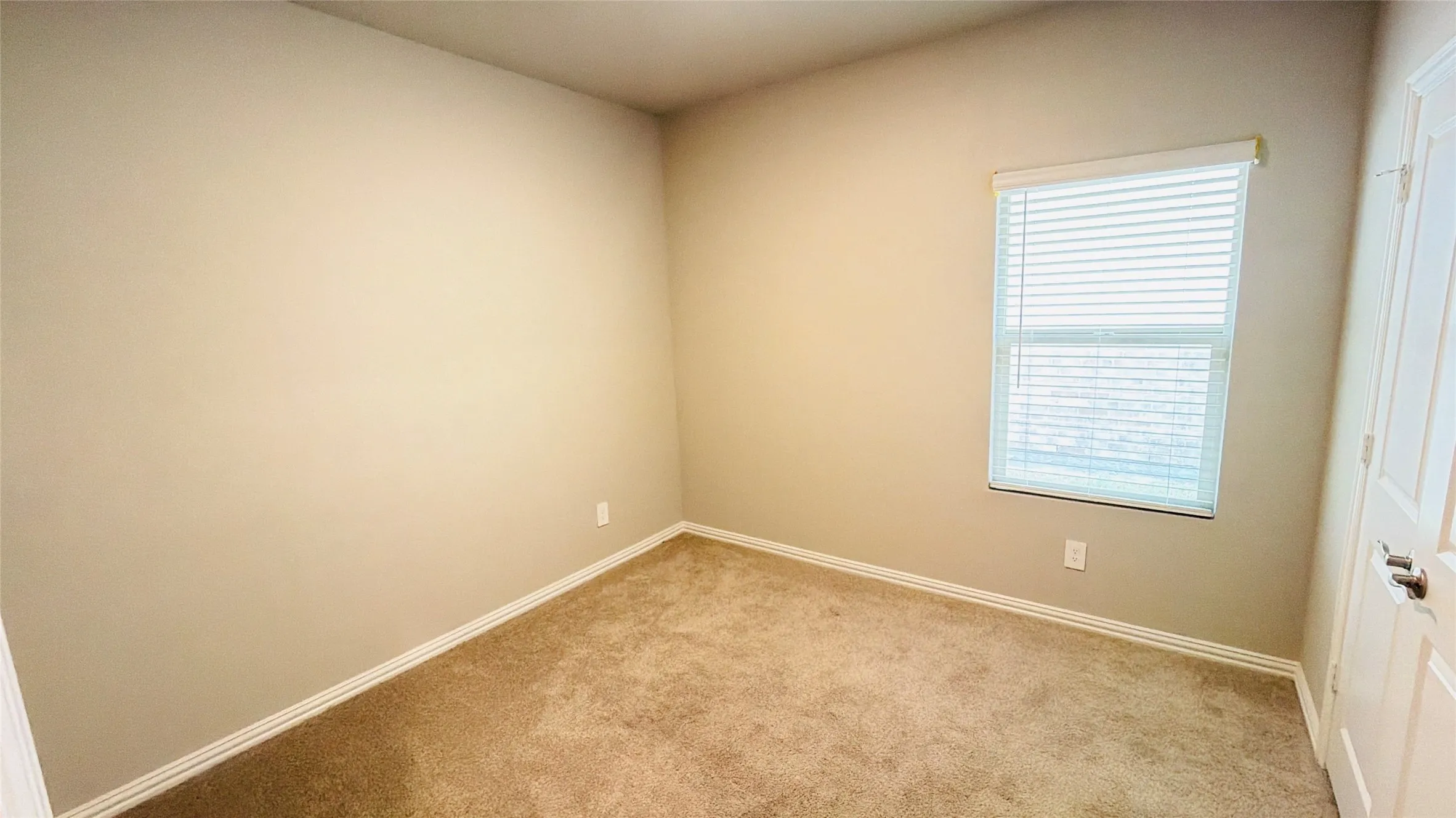 Neutral tone wall finishes, carpeting, and a window with blinds