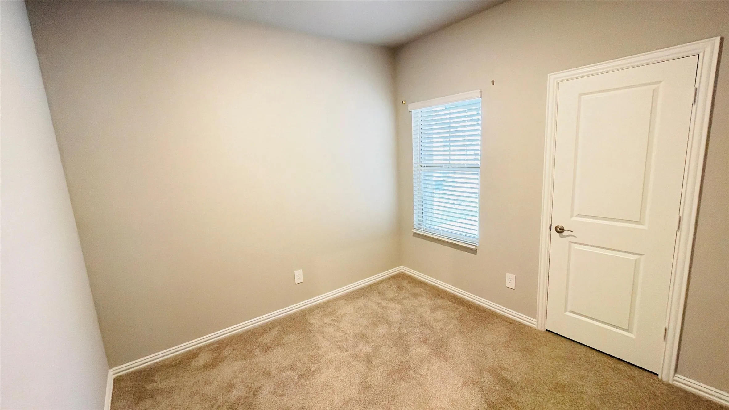 Carpeted flooring, neutral wall paint, white trim, window with blinds, paneled door