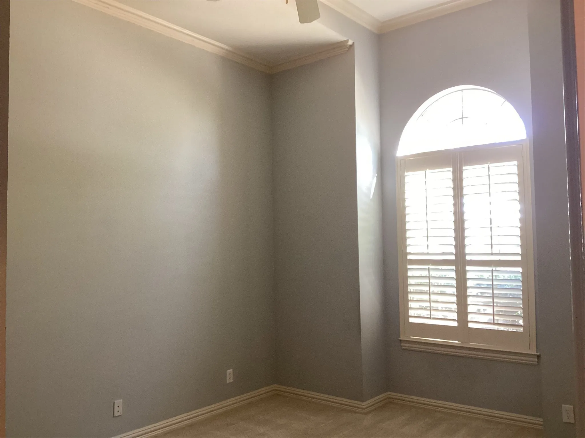 Arched window with plantation shutters, crown molding, and neutral wall tones