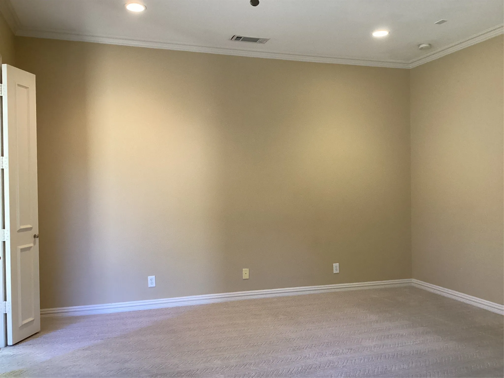 Recessed lighting, crown molding, neutral wall tones, carpeted flooring, and a paneled door