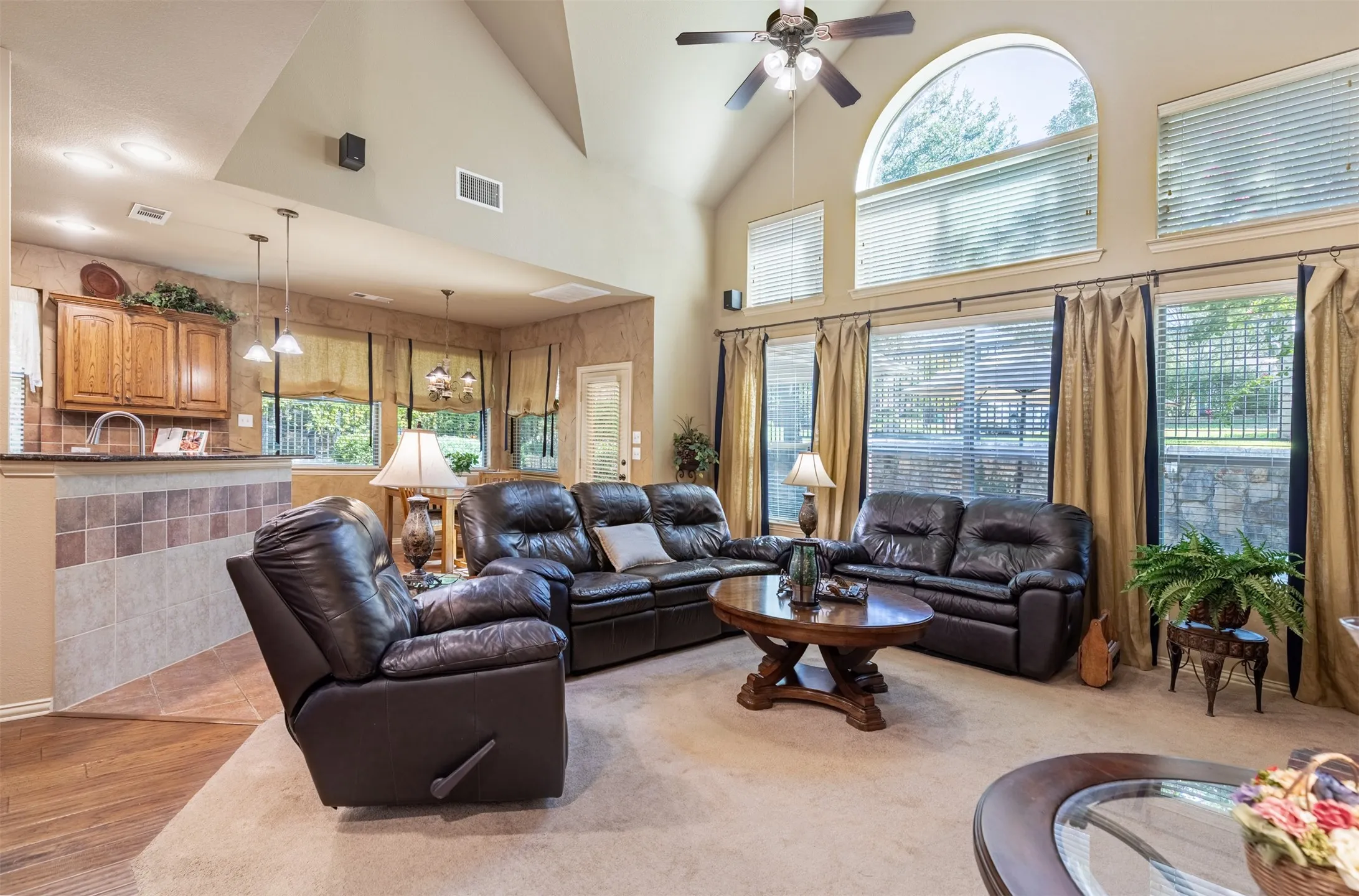 Living room with wall of windows of natural light.