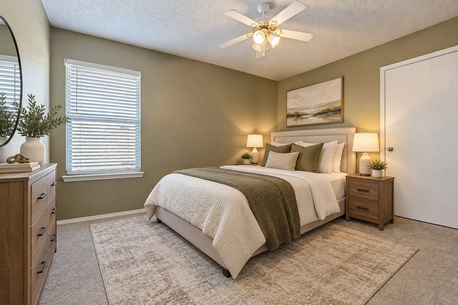 Wall-to-wall carpeting, window with blinds, ceiling fan with integrated lighting, and a neutral wall color