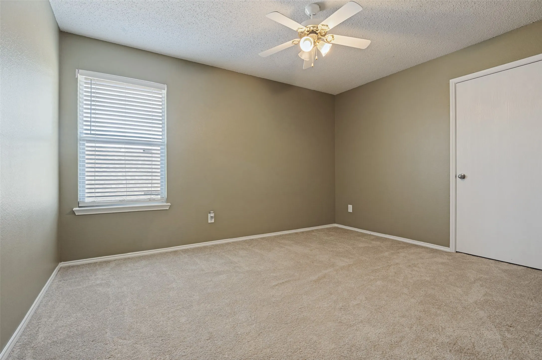 Carpeted flooring, neutral wall tones, window with horizontal blinds, ceiling fan with integrated lighting, and a white door with a round knob