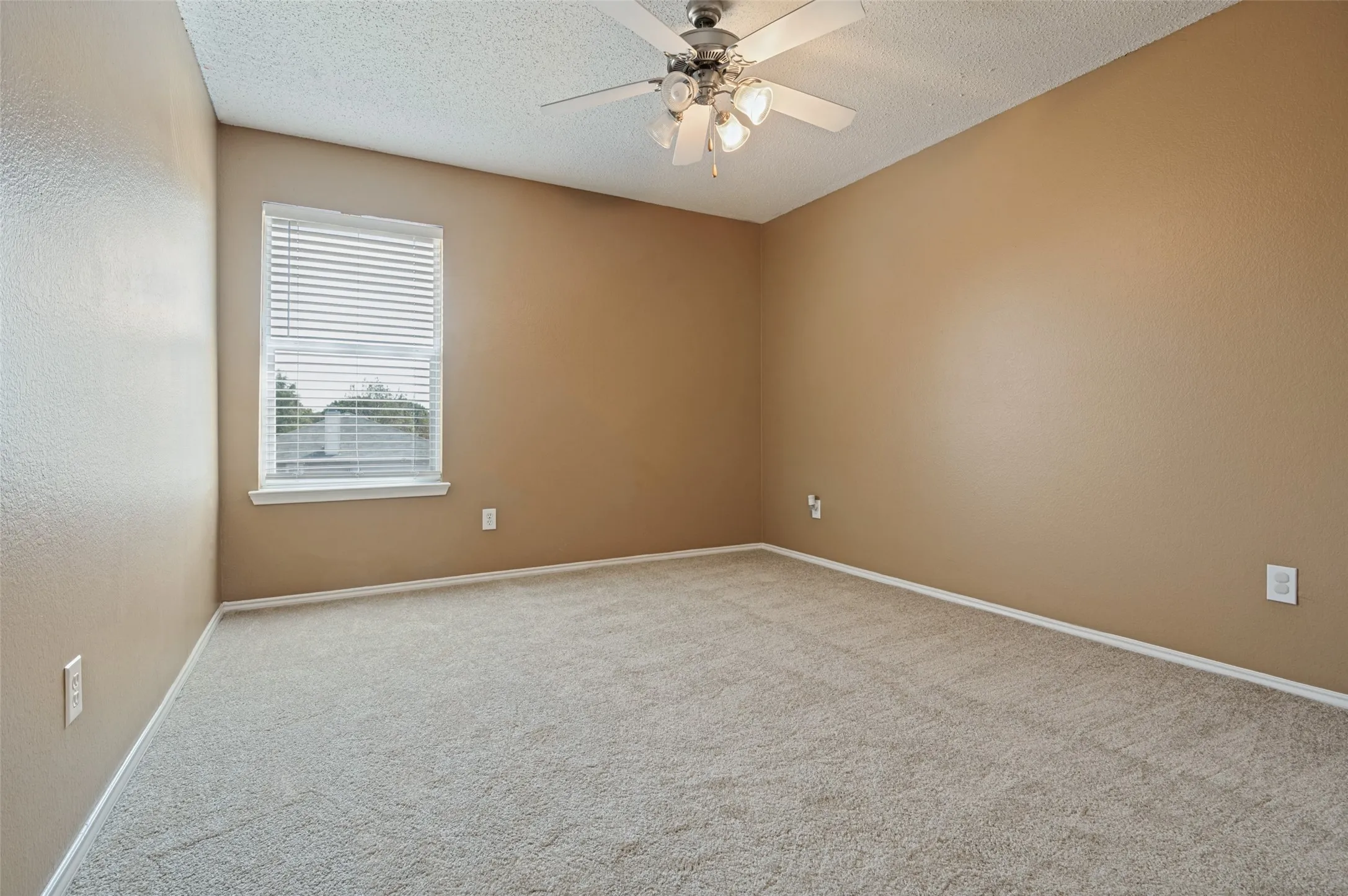 Wall-to-wall carpeting and a ceiling fan with integrated lighting