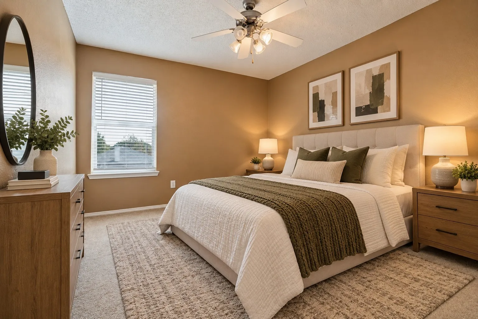 Ceiling fan with integrated lighting, window with blinds, plush carpet flooring, and a neutral color palette