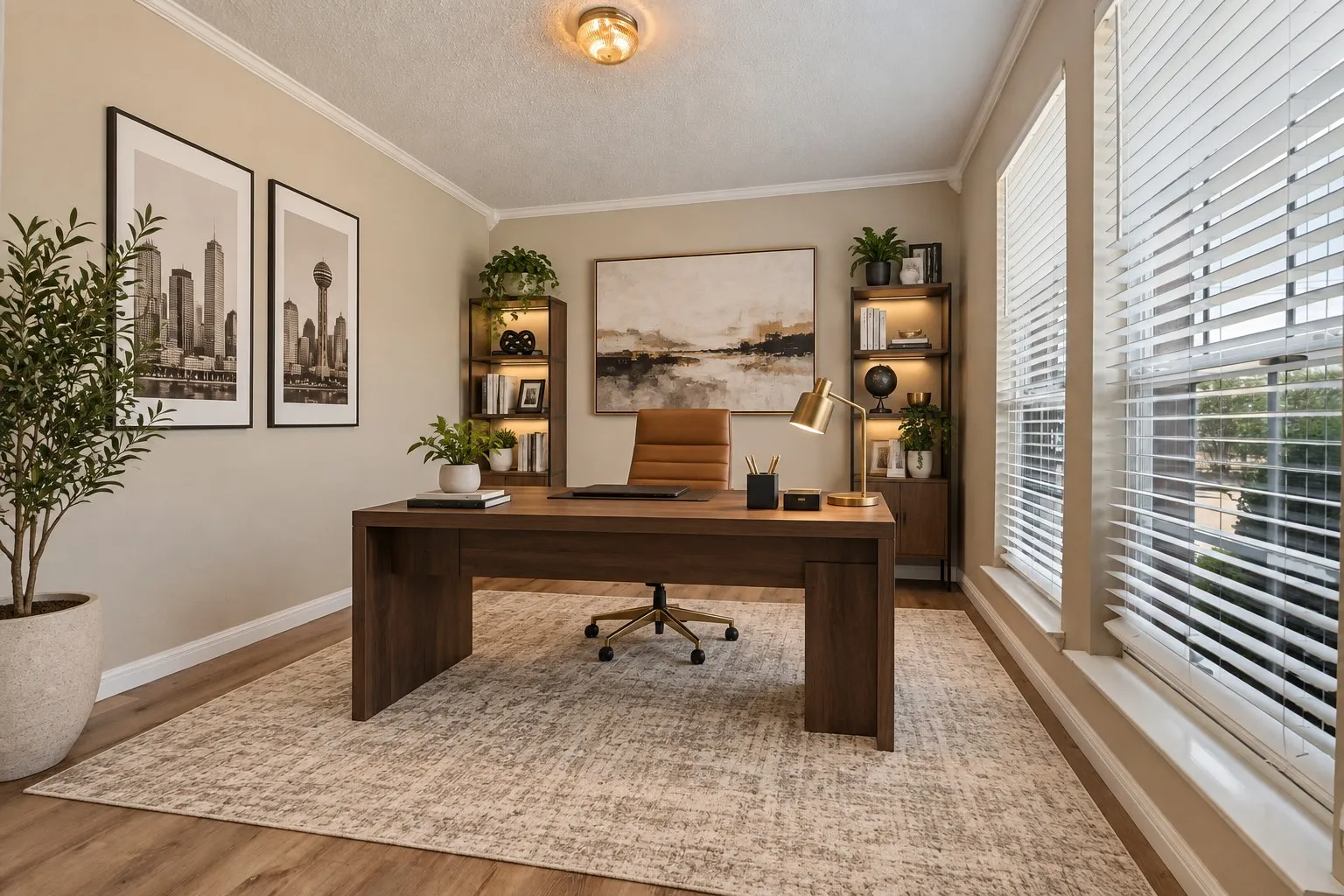 Recessed lighting with crown molding, wood-finish flooring, built-in shelving with integrated lighting, and multiple windows with blinds