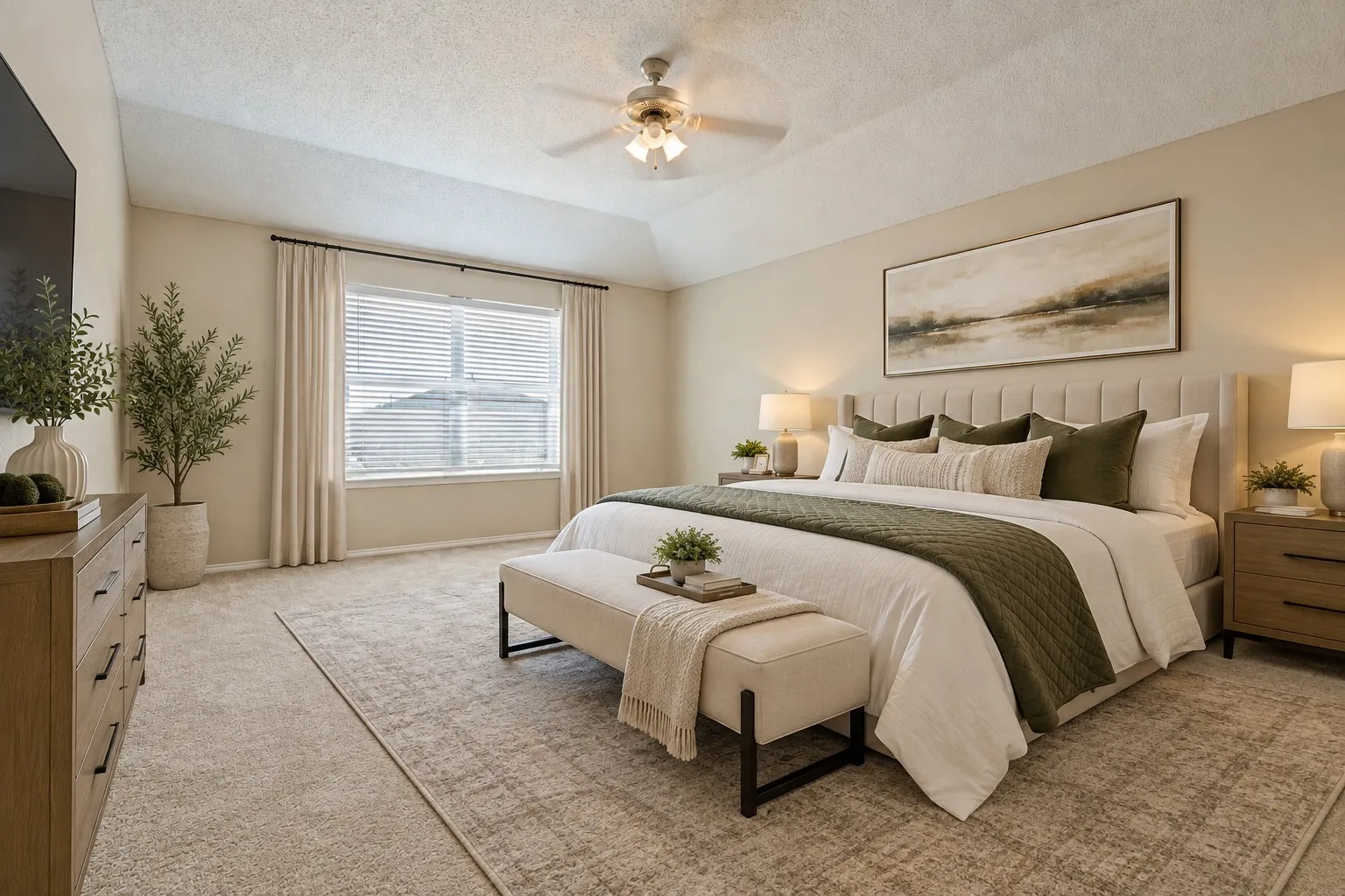 Spacious bedroom featuring vaulted ceilings, a ceiling fan, carpeted flooring, and a large window with blinds