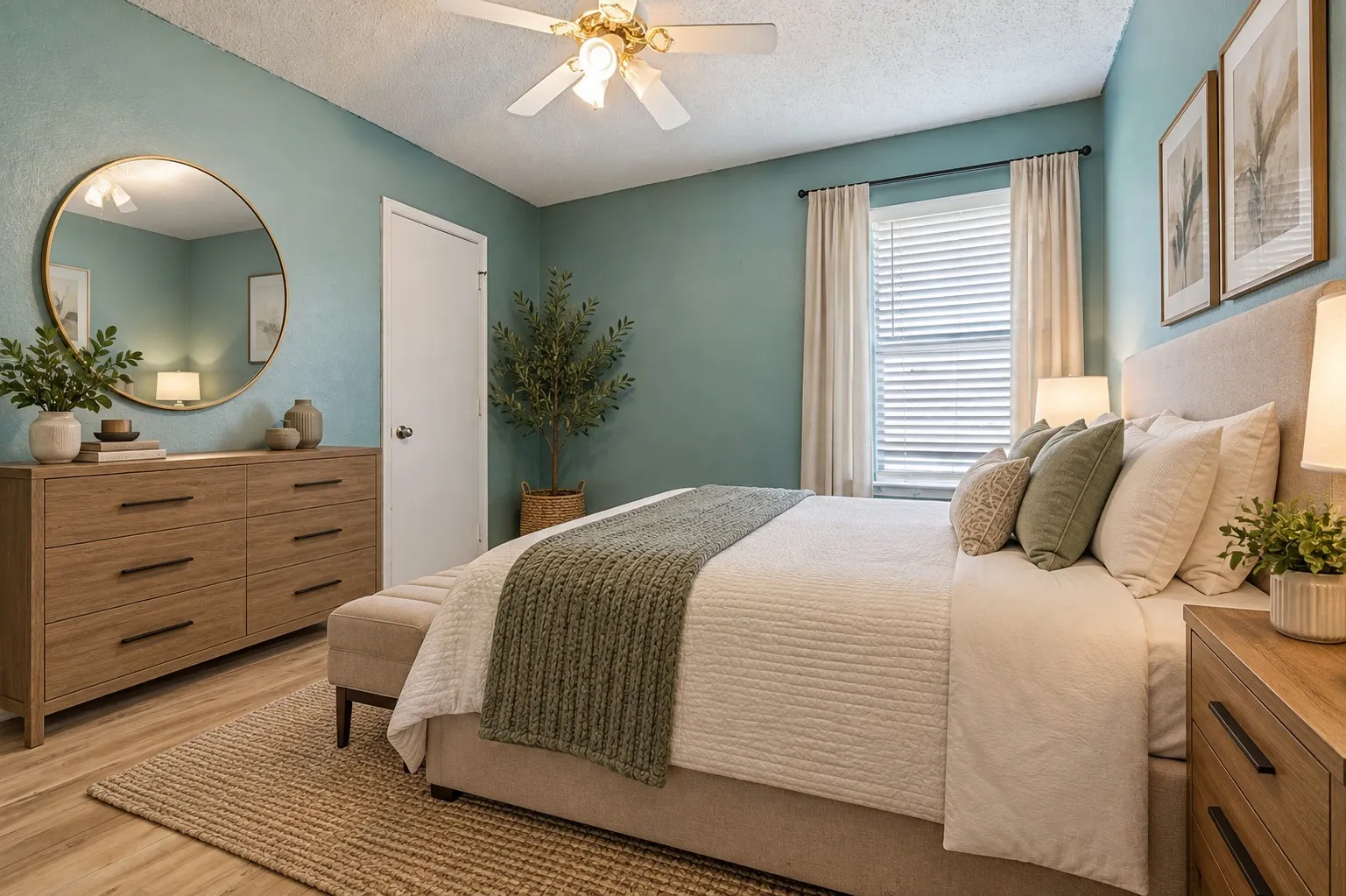 Wood-finish flooring with a neutral wall color palette