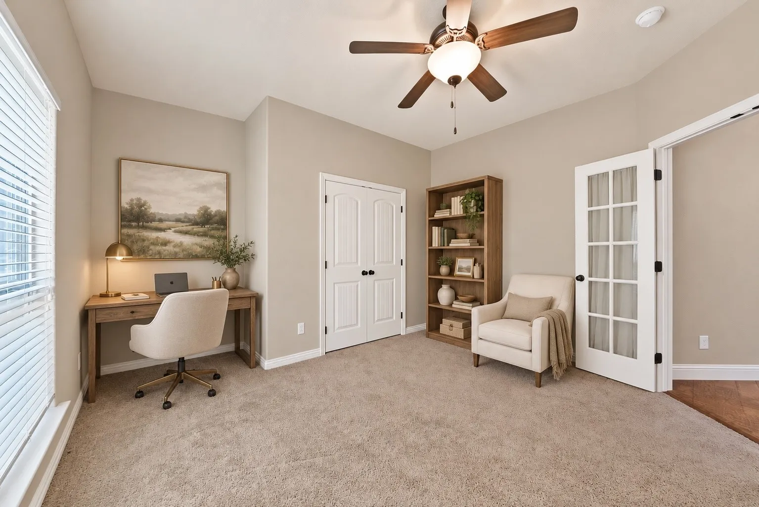 **Virtually staged fifth bedroom or office, with SW Agreeable Gray walls and white ceiling**