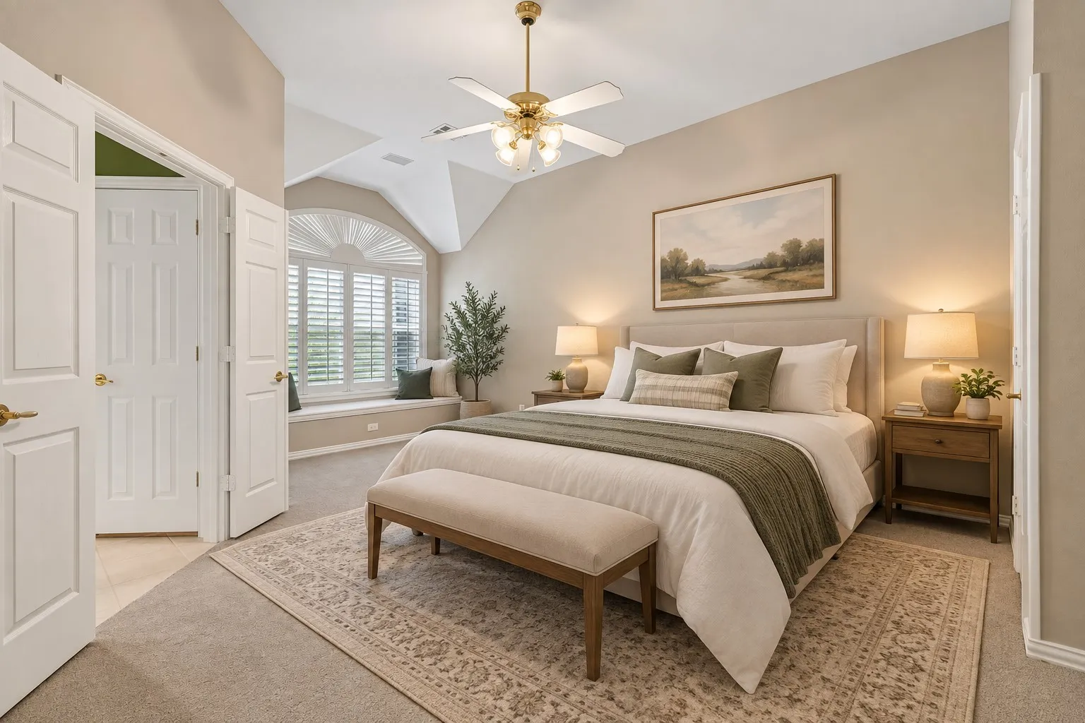 Large primary bedroom with two closet spaces - Digitally Staged